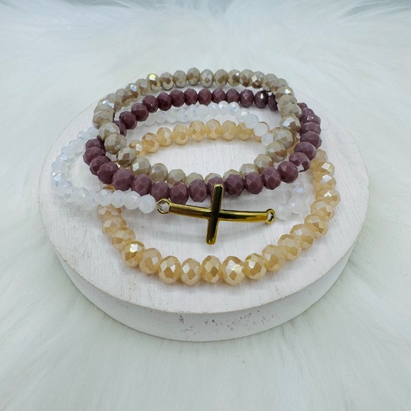 Stainless Steel Cross beaded Arm Candy Bracelet - Brown theme - Picture 3 of 6